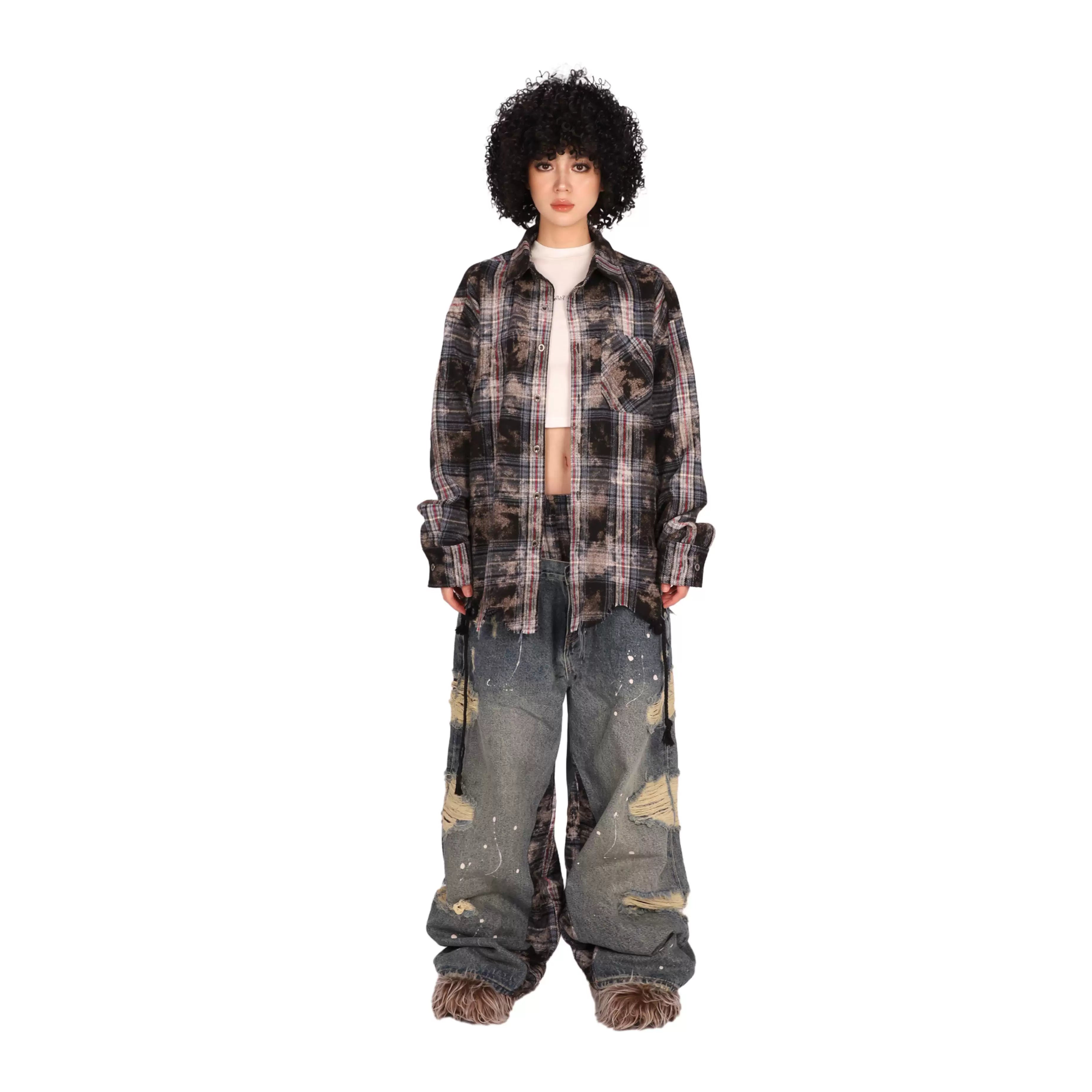 THEWET Split Tongue 14 oz Double Waist Checkered Splicing with Broken Hole, Damaged, Baggy Straight leg Jeans