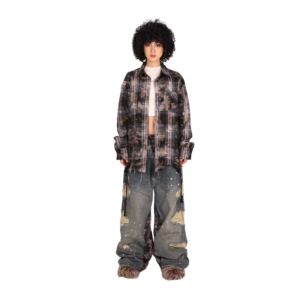 THEWET Split Tongue 14 oz Double Waist Checkered Splicing with Broken Hole, Damaged, Baggy Straight leg Jeans