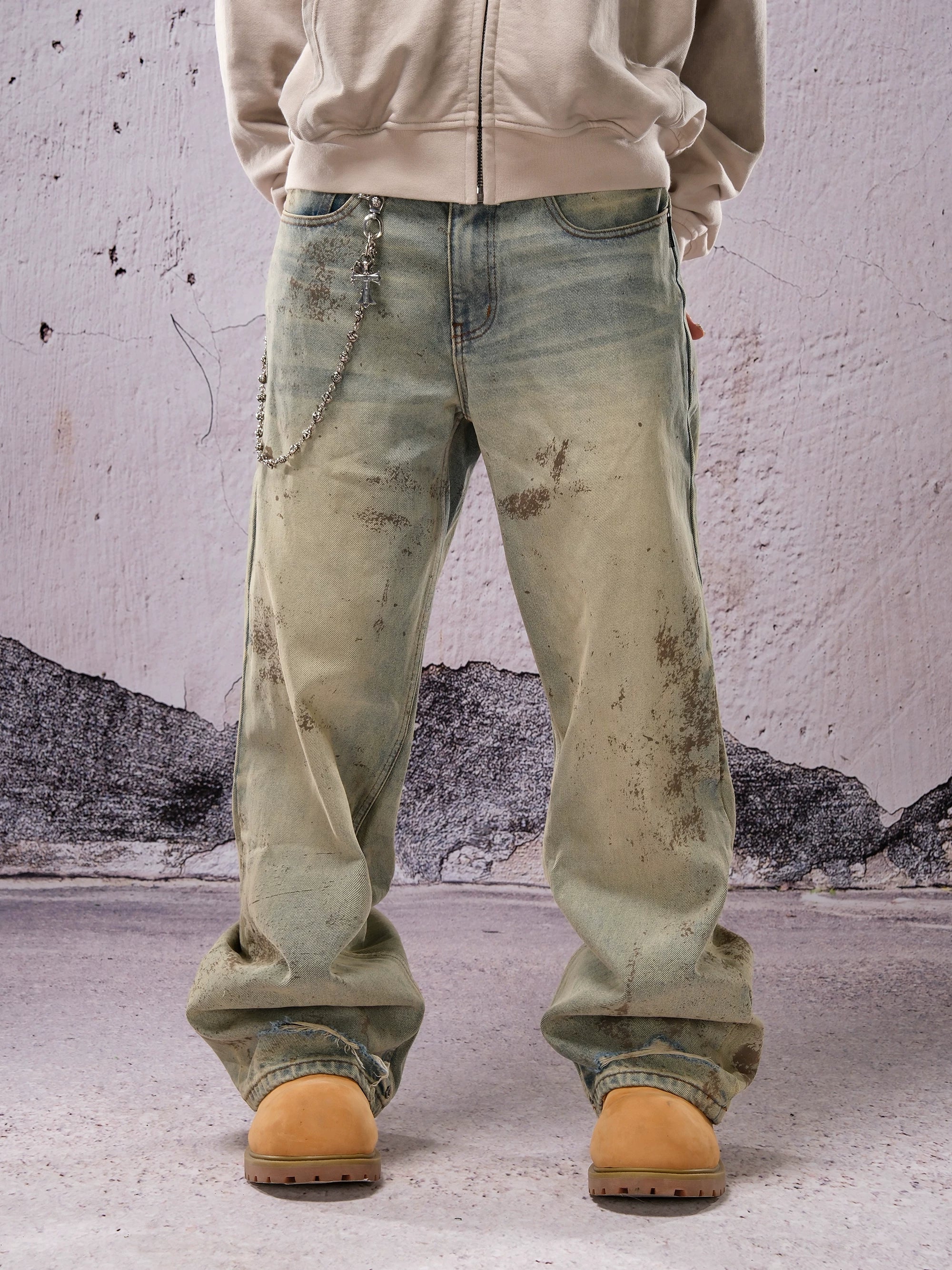 THEWET SPLITTING TONGUE 2025AW Washed and Used Digital Splashed Honeycomb Cat Beard Jeans