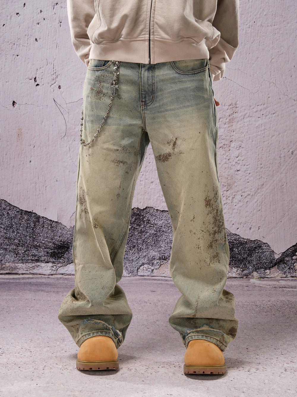 THEWET SPLITTING TONGUE 2025AW Washed and Used Digital Splashed Honeycomb Cat Beard Jeans