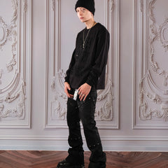 THEWET 2026 Split Tongue Rivet Brushed Wax Flared Pants Dark Pioneer Micro Elastic Casual Style Micro Flared Pants