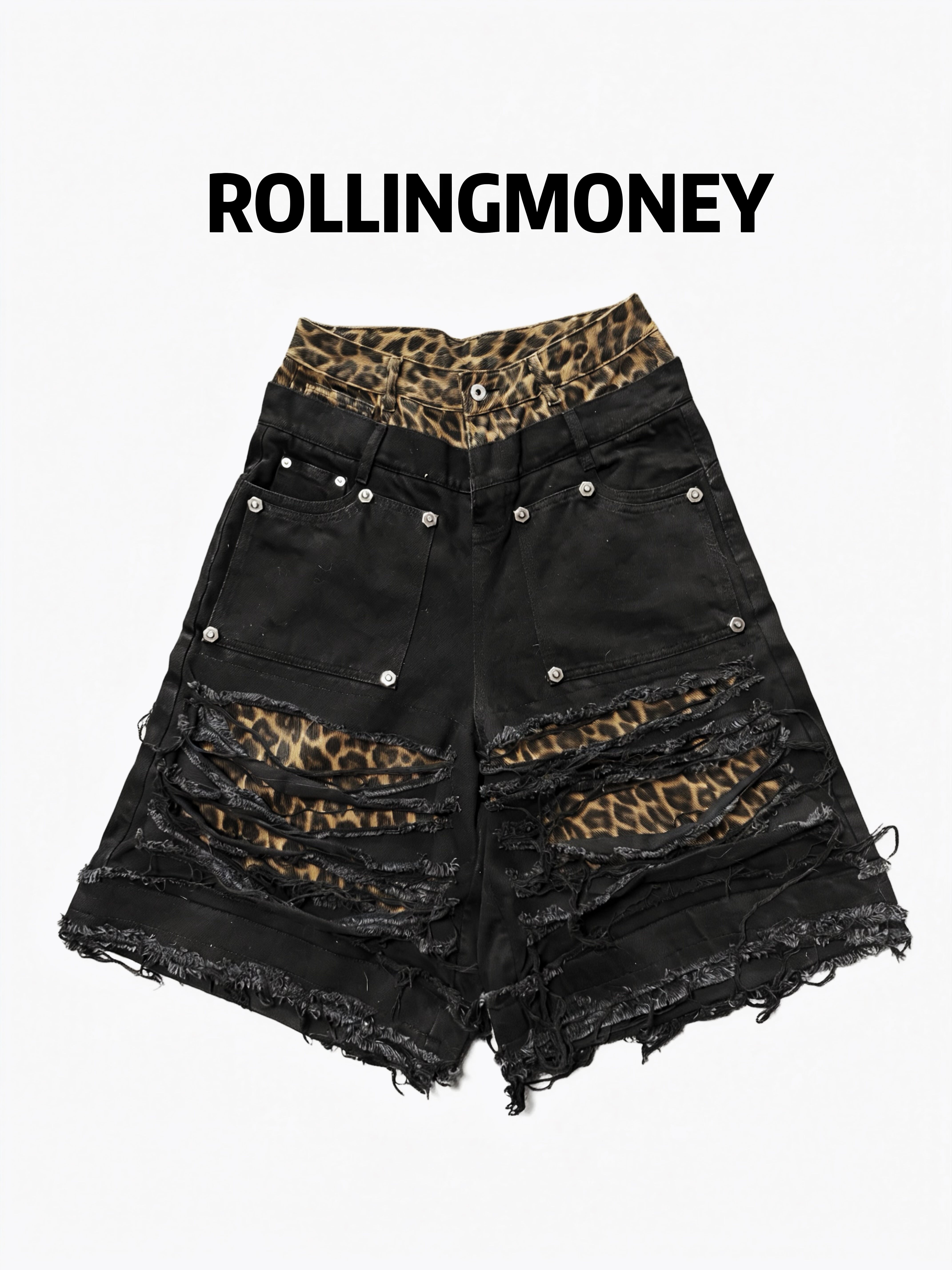 ROLLINGMONEY Washed Leopard Shorts