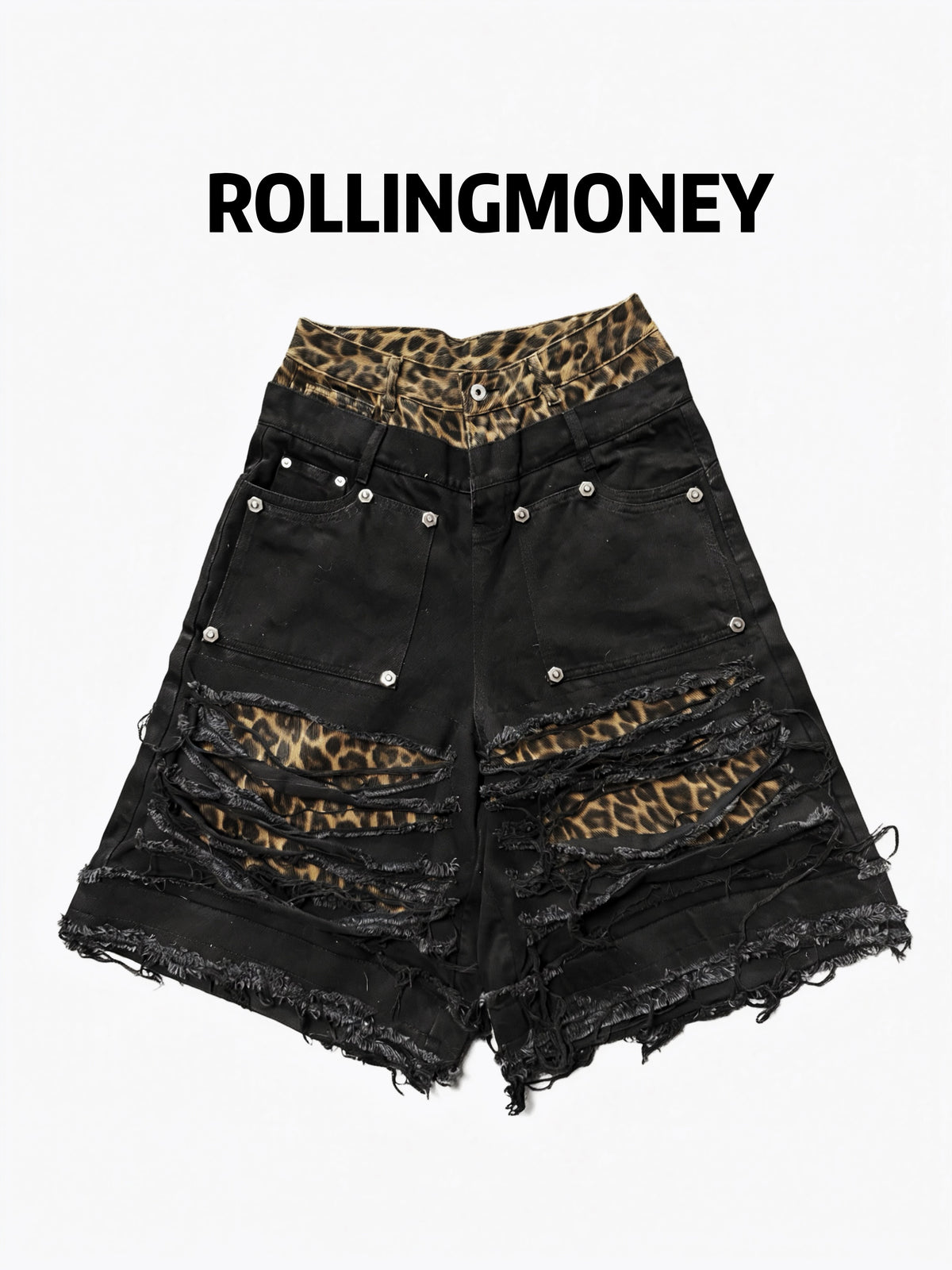 ROLLINGMONEY Washed Leopard Shorts