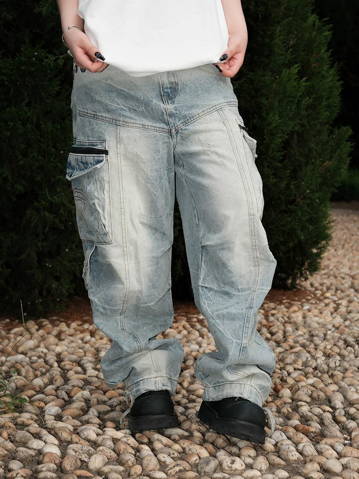 THEWET American heavyweight 14oz tie flower washed distressed long pants loose casual wide leg workwear jeans
