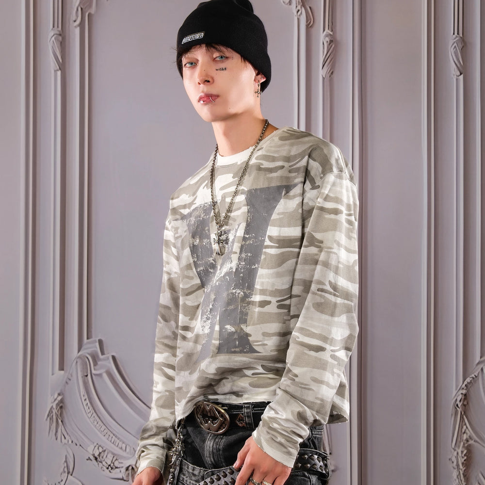 THEWET 2026 Spring American Retro Doing Old, Spray Dirty Camo Base Printing Long Sleeve Casual Short Width Long Tee