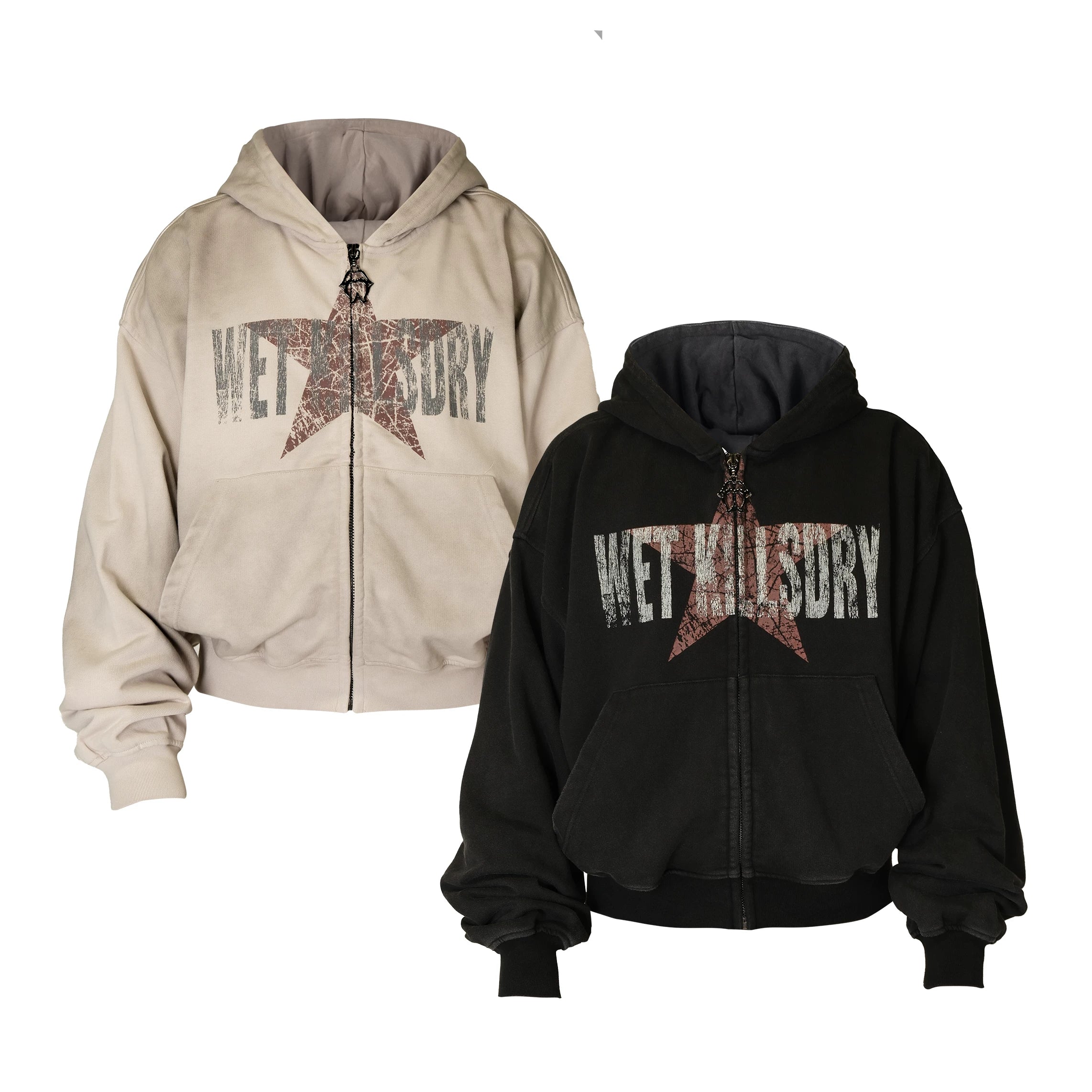THEWET SPLITTING TONGUE silhouette distressed short loose star print zipper hoodie