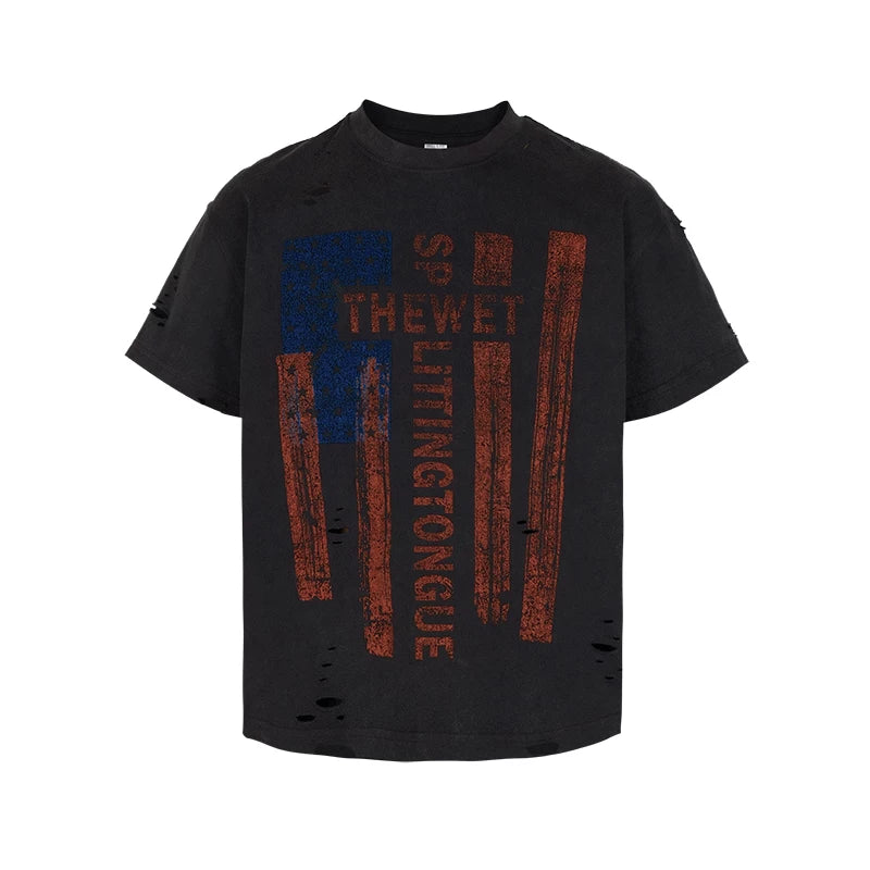 THEWET 2026SS American retro street casual mud dyed vintage flag fun printed short sleeved tee