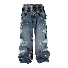 THEWET Split Tongue 14 oz Double Waist Checkered Splicing with Broken Hole, Damaged, Baggy Straight leg Jeans