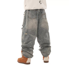 LILWET loose hole washed distressed 13 ounce cat paw scratch cat whisker split tongue jeans THEWET