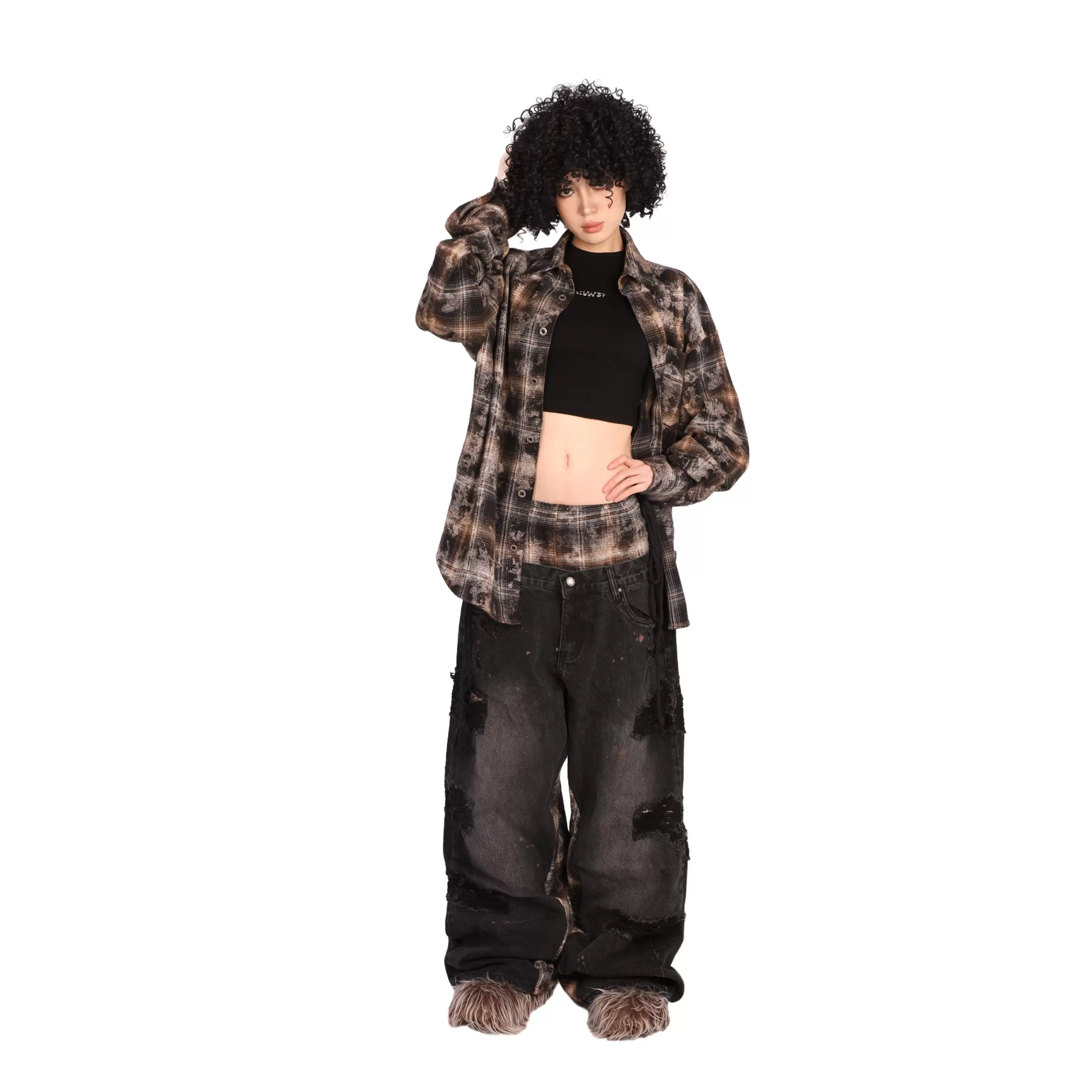 THEWET Split Tongue 14 oz Double Waist Checkered Splicing with Broken Hole, Damaged, Baggy Straight leg Jeans