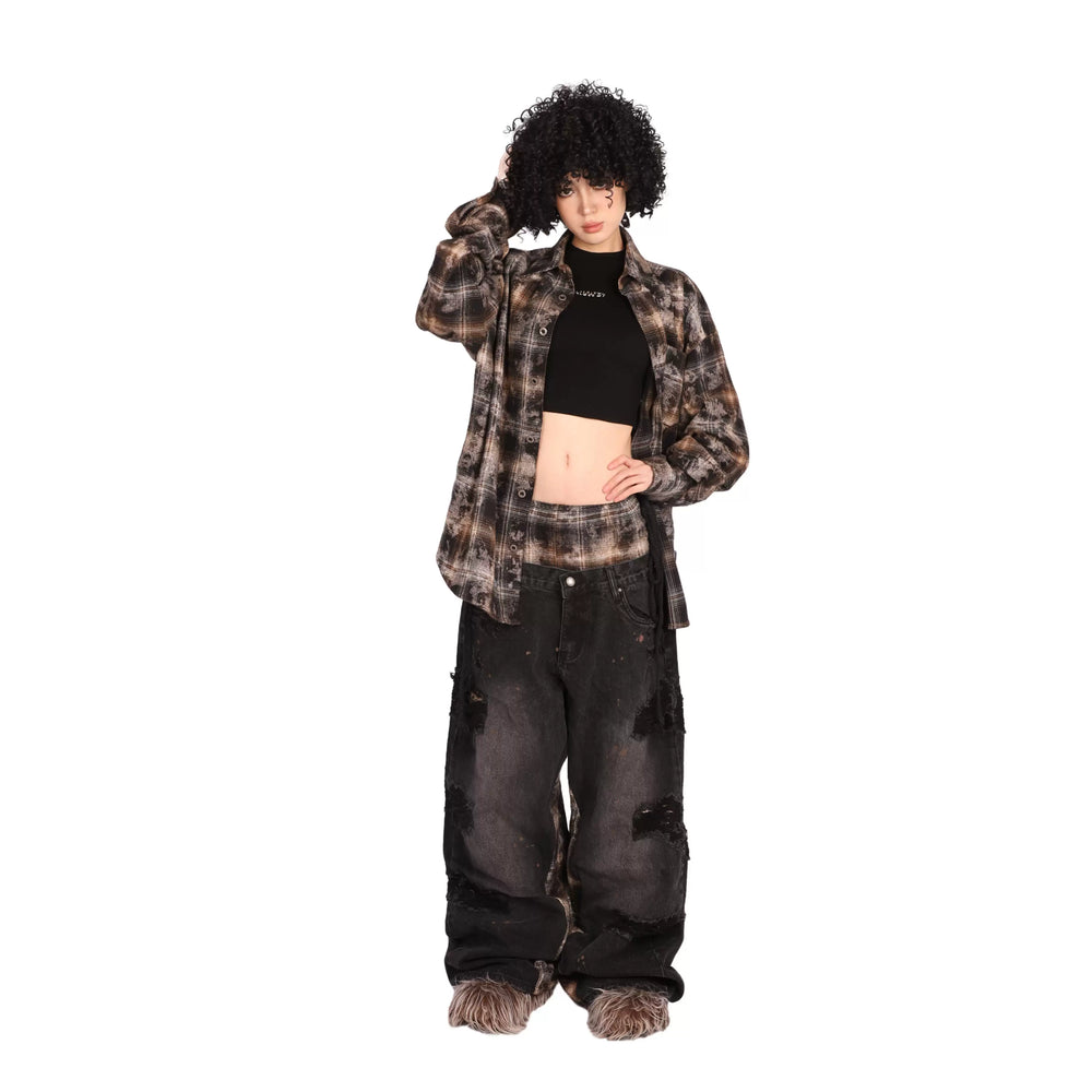 THEWET Split Tongue 14 oz Double Waist Checkered Splicing with Broken Hole, Damaged, Baggy Straight leg Jeans