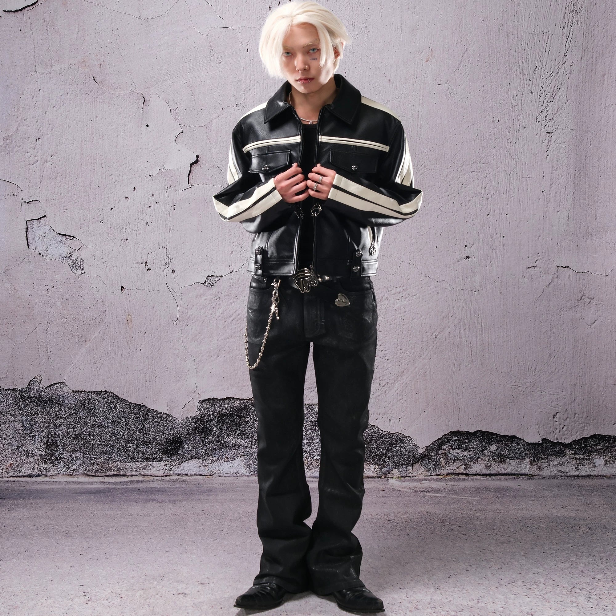THEWET 2025 AW TOPBARRY Same Style Autumn/Winter American Street Short Wide Curved Knife Splicing Leather Jacket