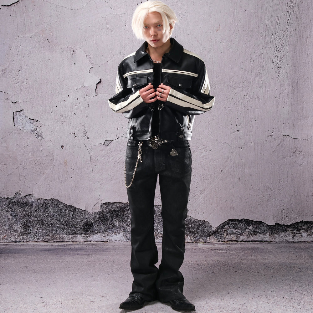THEWET 2025 AW TOPBARRY Same Style Autumn/Winter American Street Short Wide Curved Knife Splicing Leather Jacket