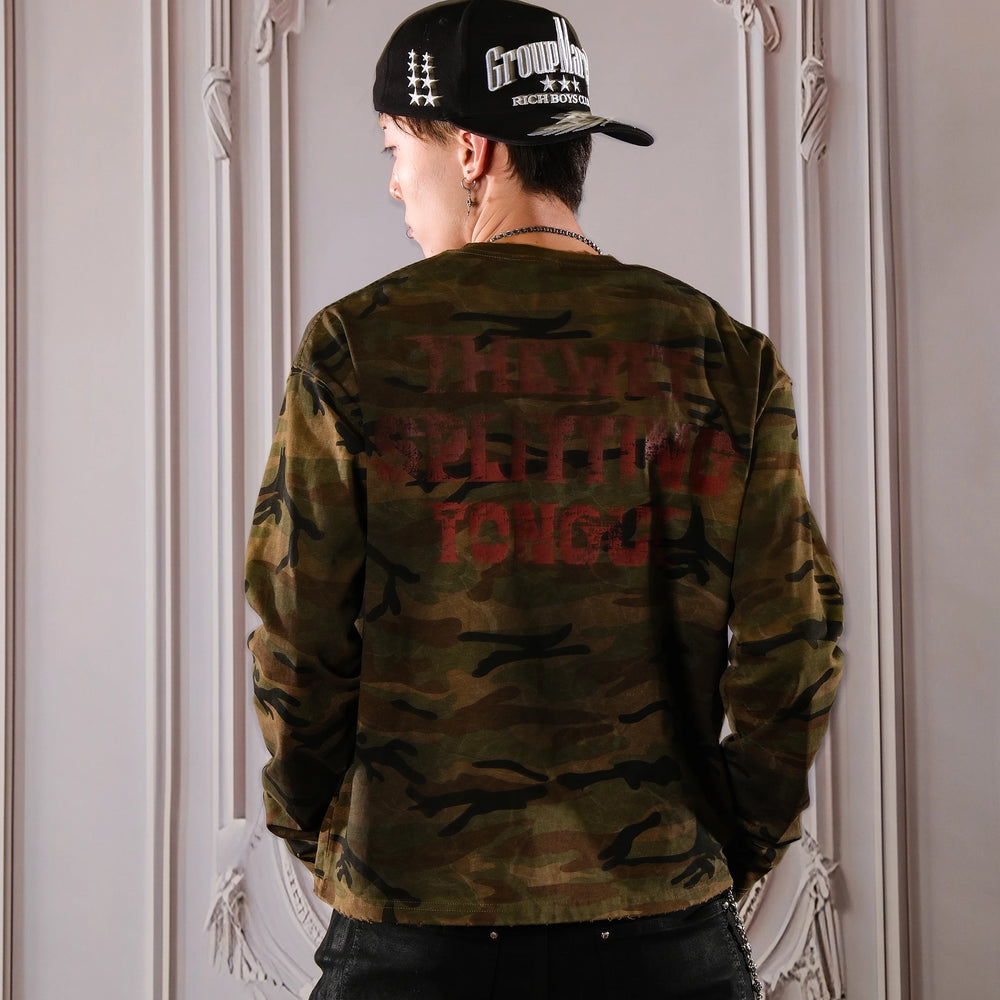 THEWET 2026 Spring American Retro Doing Old, Spray Dirty Camo Base Printing Long Sleeve Casual Short Width Long Tee