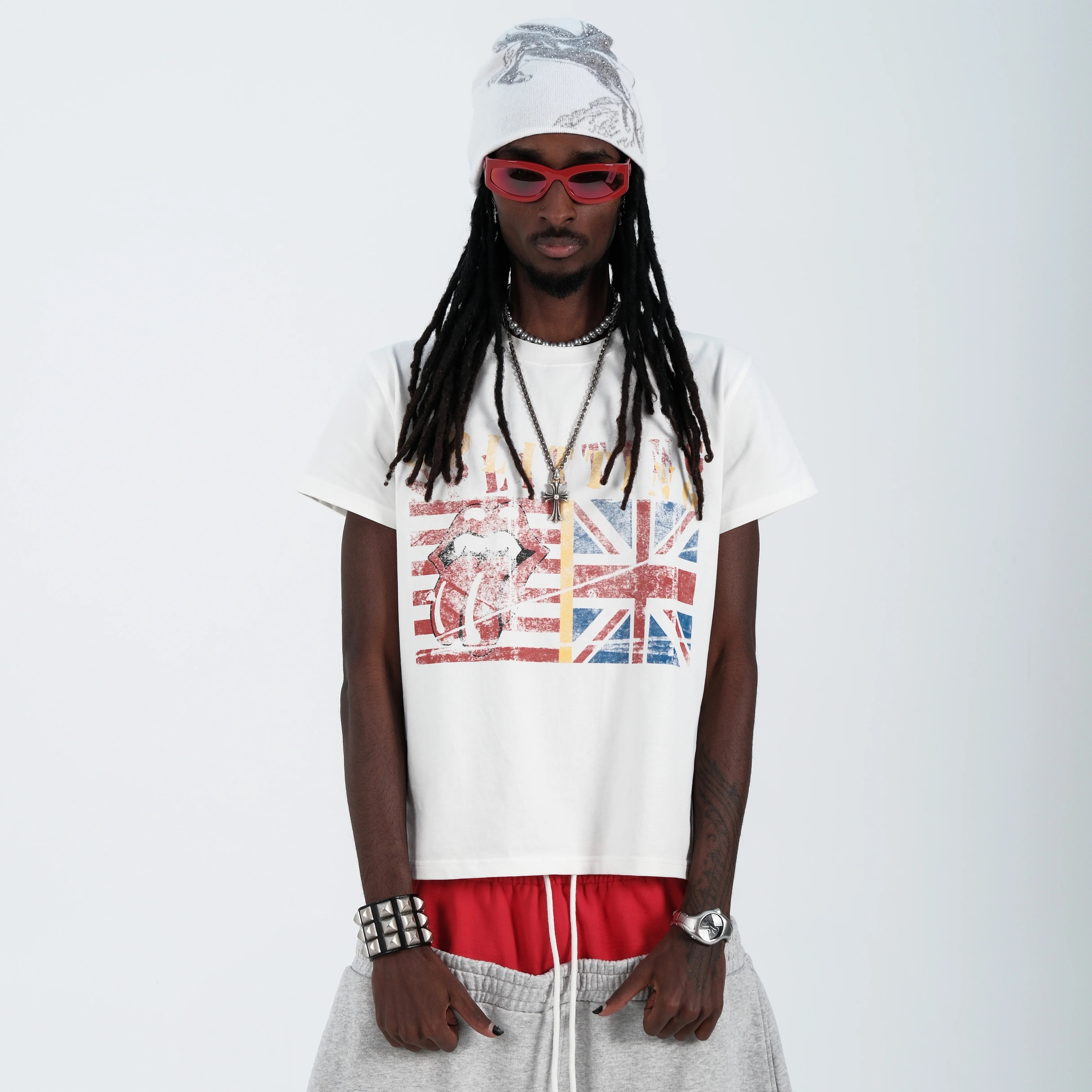 THEWET 2026SS Street Retro Doing Old Rice Flag Rolling Stone Splitting Tongue Teasing Fun Printed Cotton Short Sleeve