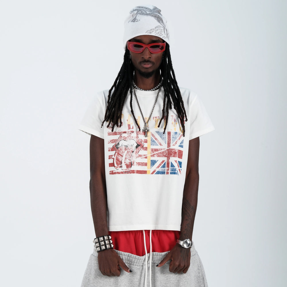 THEWET 2026SS Street Retro Doing Old Rice Flag Rolling Stone Splitting Tongue Teasing Fun Printed Cotton Short Sleeve