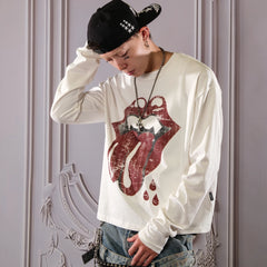 THEWET 2026AW American Street Rolling Stones Split Tongue Joke Fun Long Sleeve Short Style Vintage Printed Long Tee