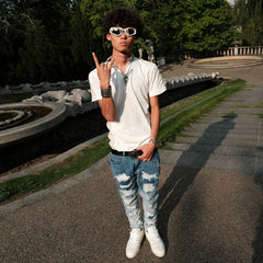 LILWET American Street Piercing Elastic Needle Embroidery HIPHOP Hip Hop Versatile Small Foot Slimming Pants