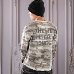 THEWET 2026 Spring American Retro Doing Old, Spray Dirty Camo Base Printing Long Sleeve Casual Short Width Long Tee