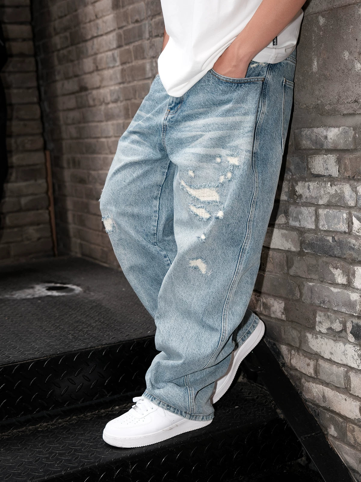 LILWET American street Baggy washed distressed jeans with holes, loose and versatile daily pants