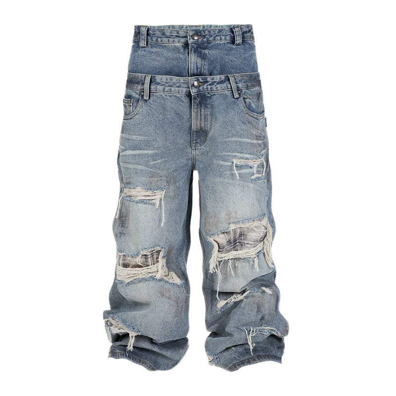 THEWET Split Tongue 14 oz Double Waist Hole Damaged Plaid Patch Baggy Loose Fat Loose Jeans