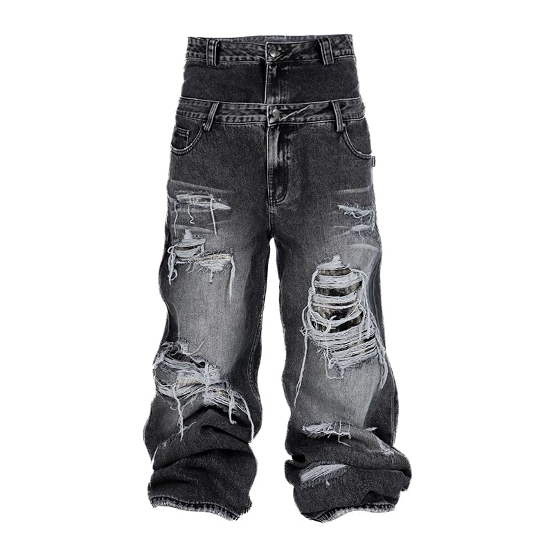 THEWET Split Tongue 14 oz Double Waist Hole Damaged Plaid Patch Baggy Loose Fat Loose Jeans