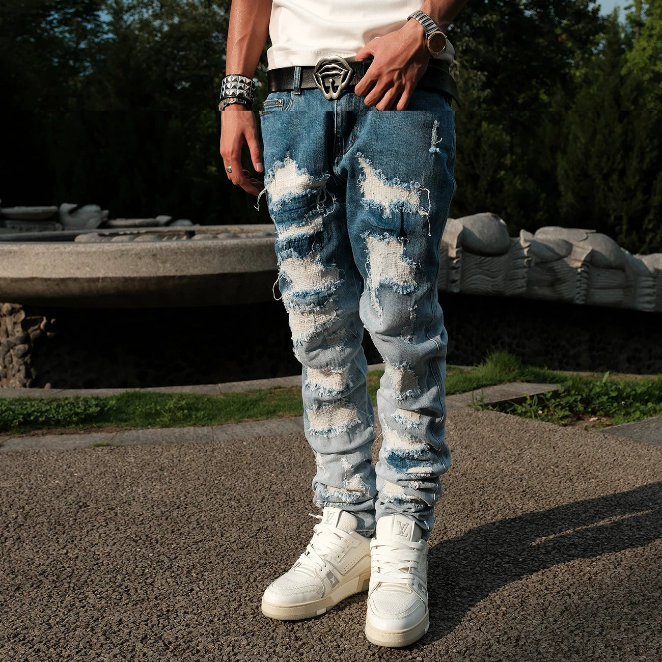 LILWET American Street Piercing Elastic Needle Embroidery HIPHOP Hip Hop Versatile Small Foot Slimming Pants