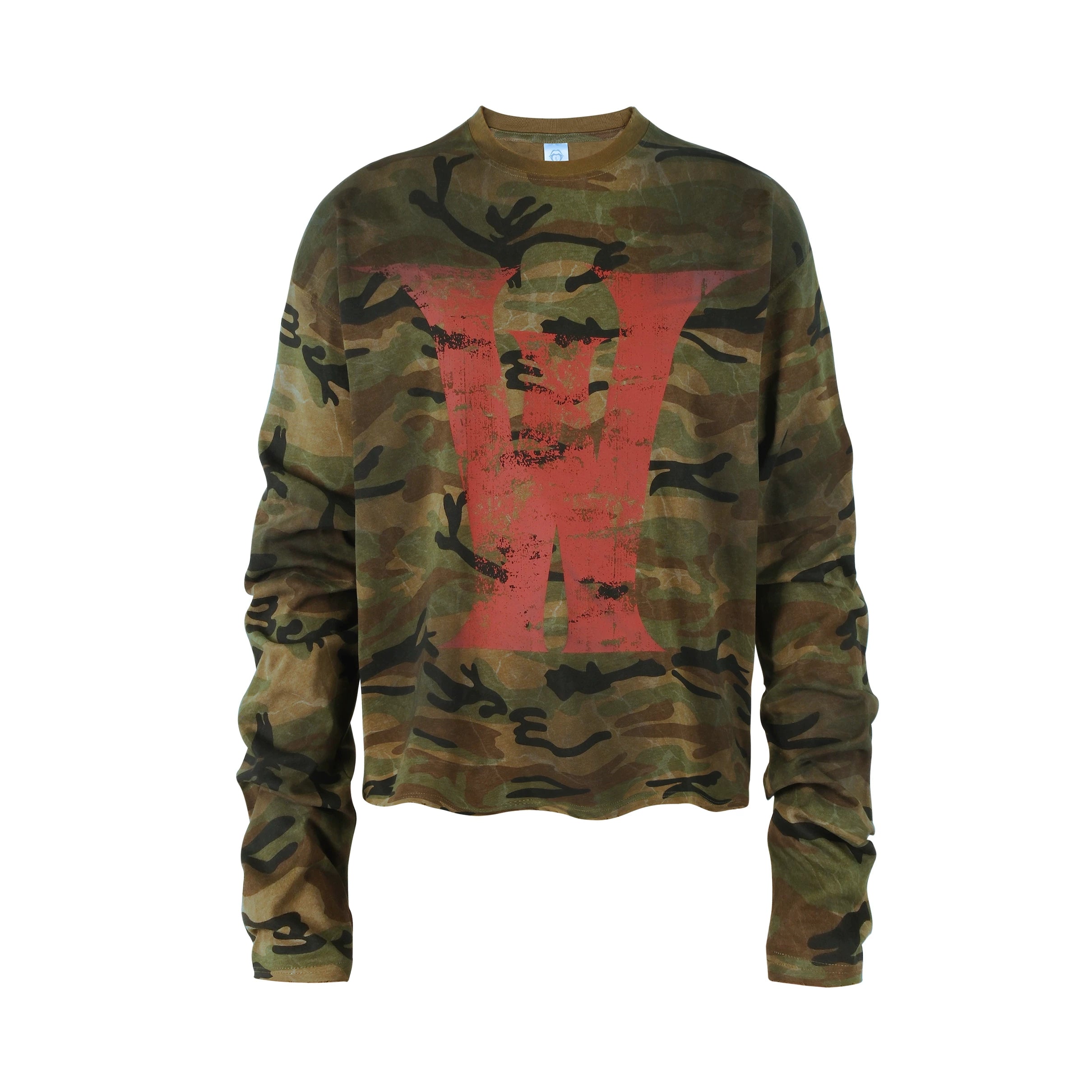 THEWET 2026 Spring American Retro Doing Old, Spray Dirty Camo Base Printing Long Sleeve Casual Short Width Long Tee