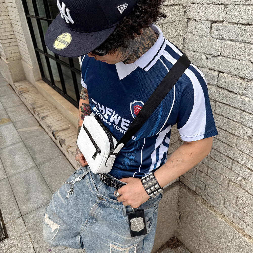 THEWET Tongue Splitting Full Print LOGO Single Shoulder Full Leather Postman Bag Hiphop Street Style Diagonal Cross Bag