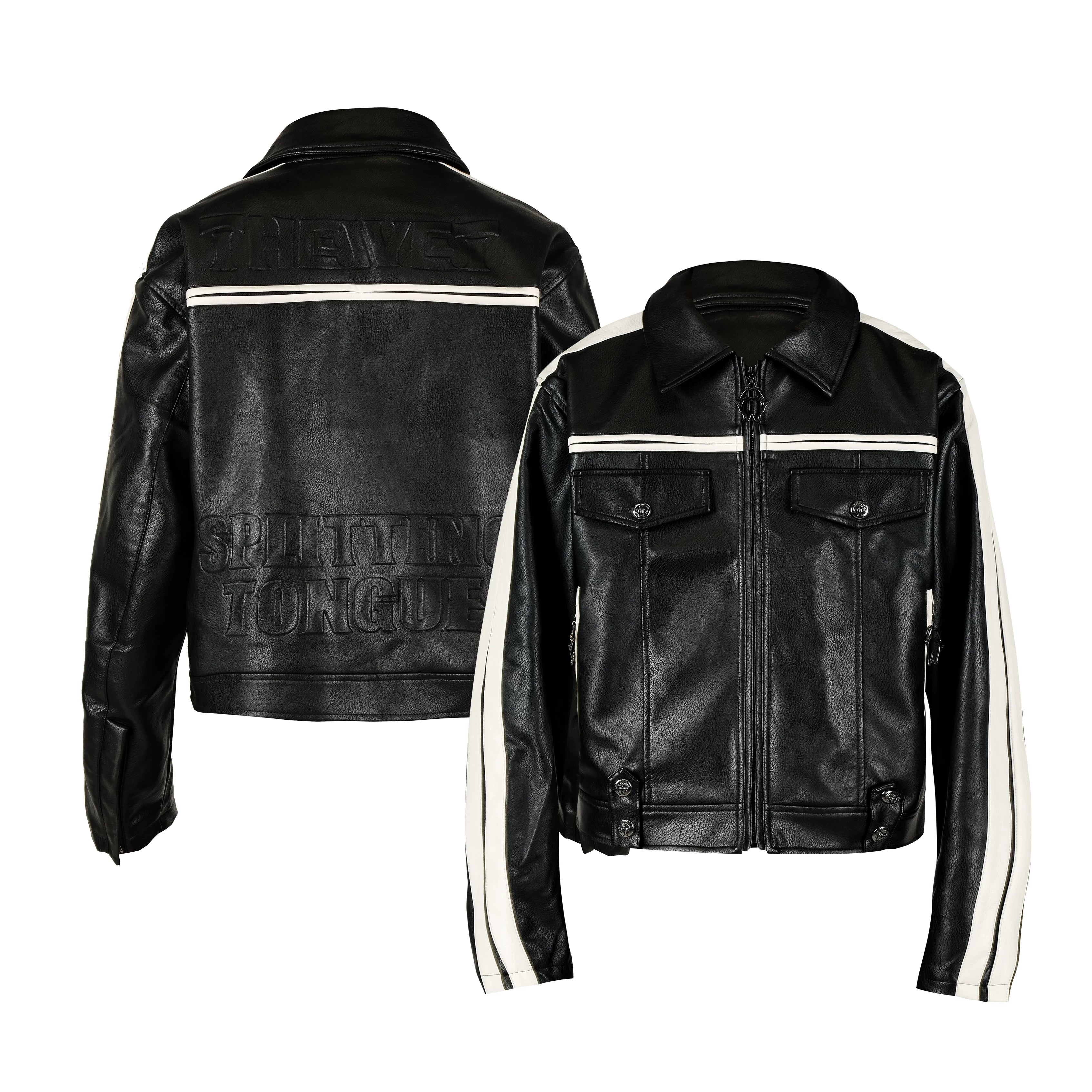THEWET 2025 AW TOPBARRY Same Style Autumn/Winter American Street Short Wide Curved Knife Splicing Leather Jacket