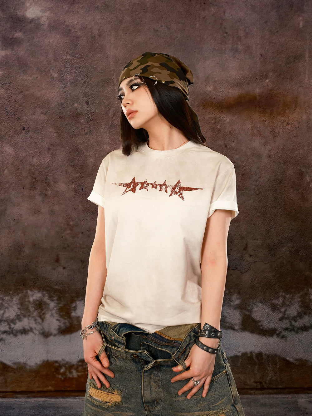 THE WET2025SS American street mud dyed vintage print slogan slim fit star short sleeved tee