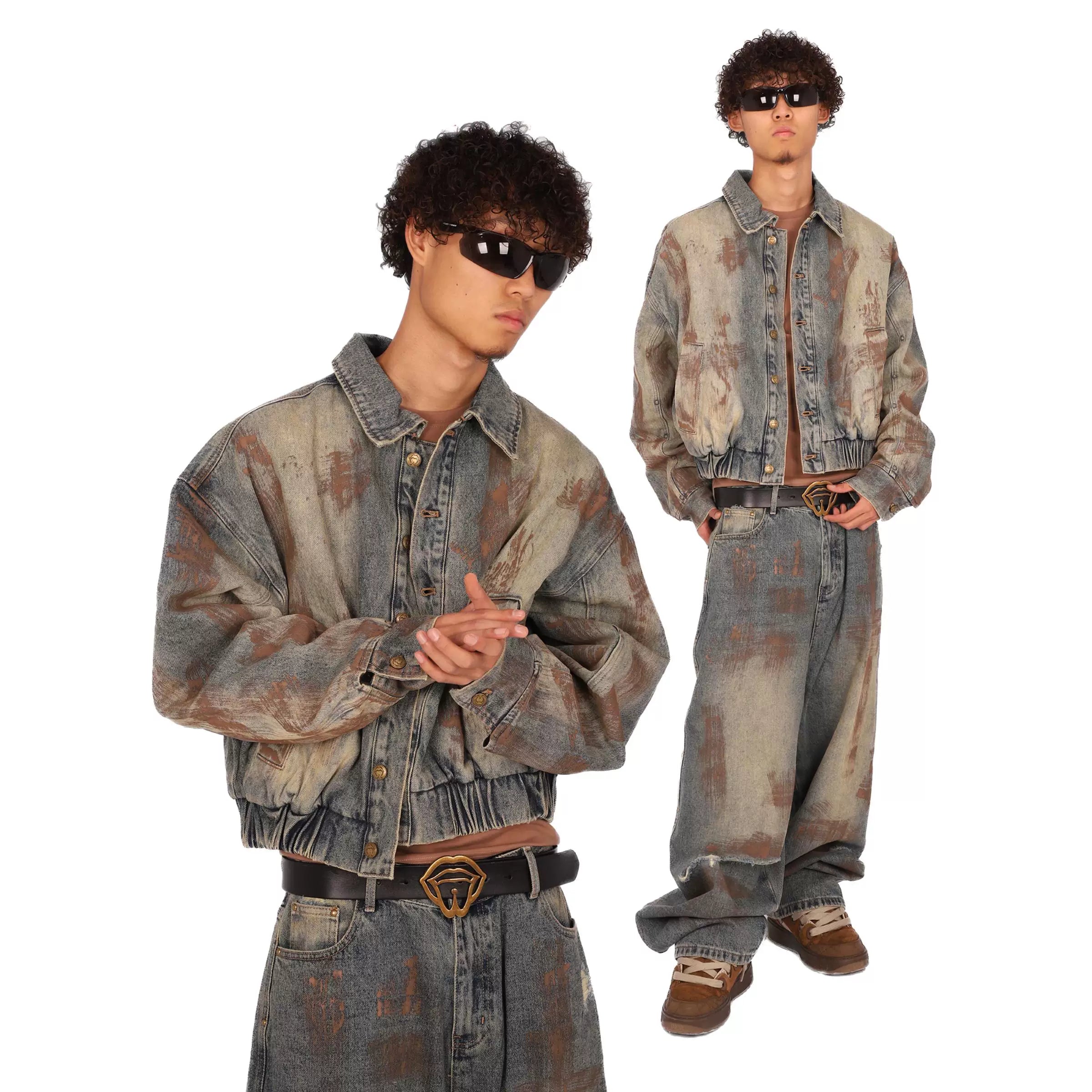 THEWET Tongue Mud Dyeing Waste Soil Baggy Pants Wash and Make Old Super Fat Loose Jeans