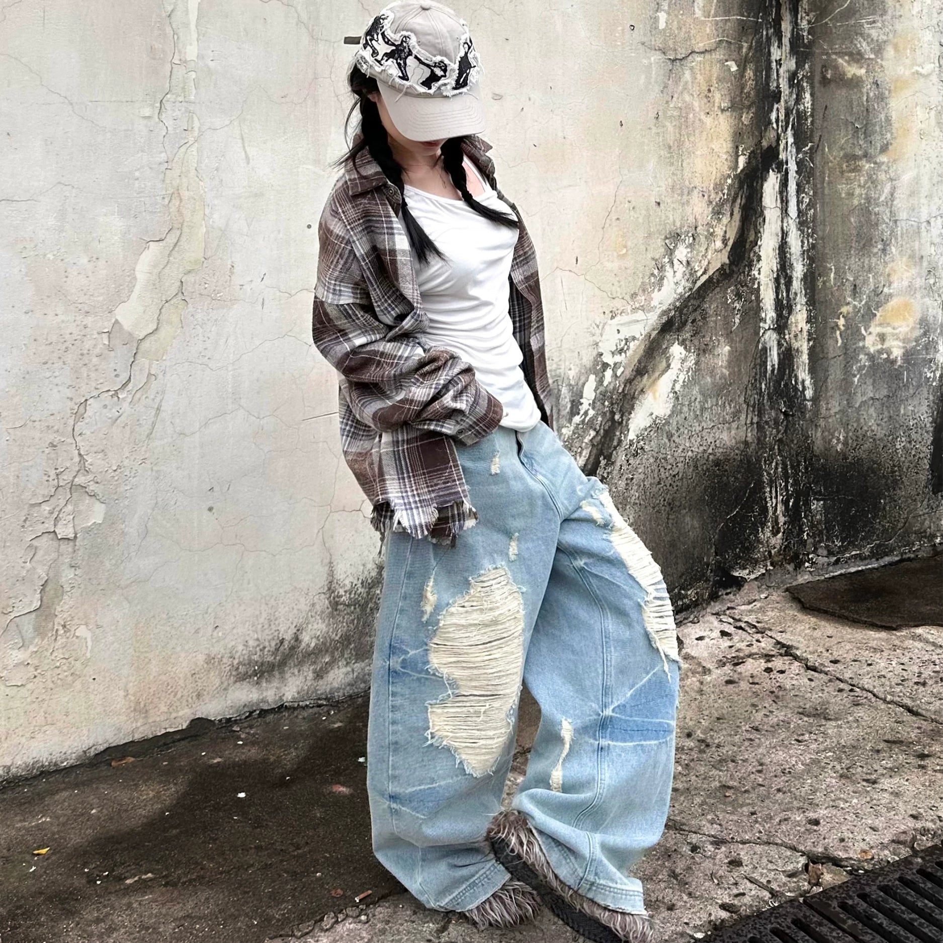 LILWET water washed distressed 13 ounce Baggy ripped floor wide leg jeans THEWET tongue splitting