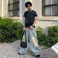 LILWET water washed distressed 13 ounce Baggy ripped floor wide leg jeans THEWET tongue splitting
