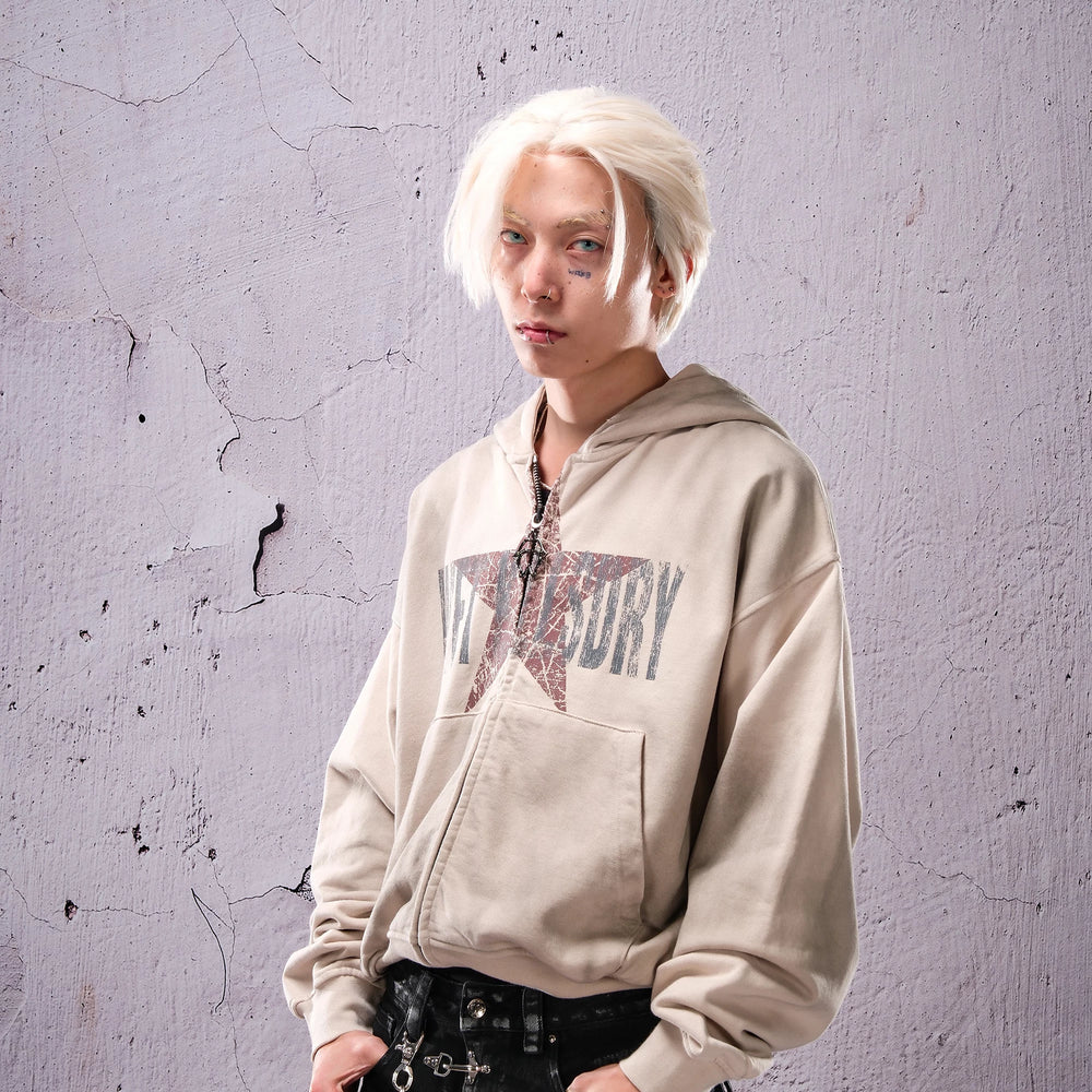 THEWET SPLITTING TONGUE silhouette distressed short loose star print zipper hoodie