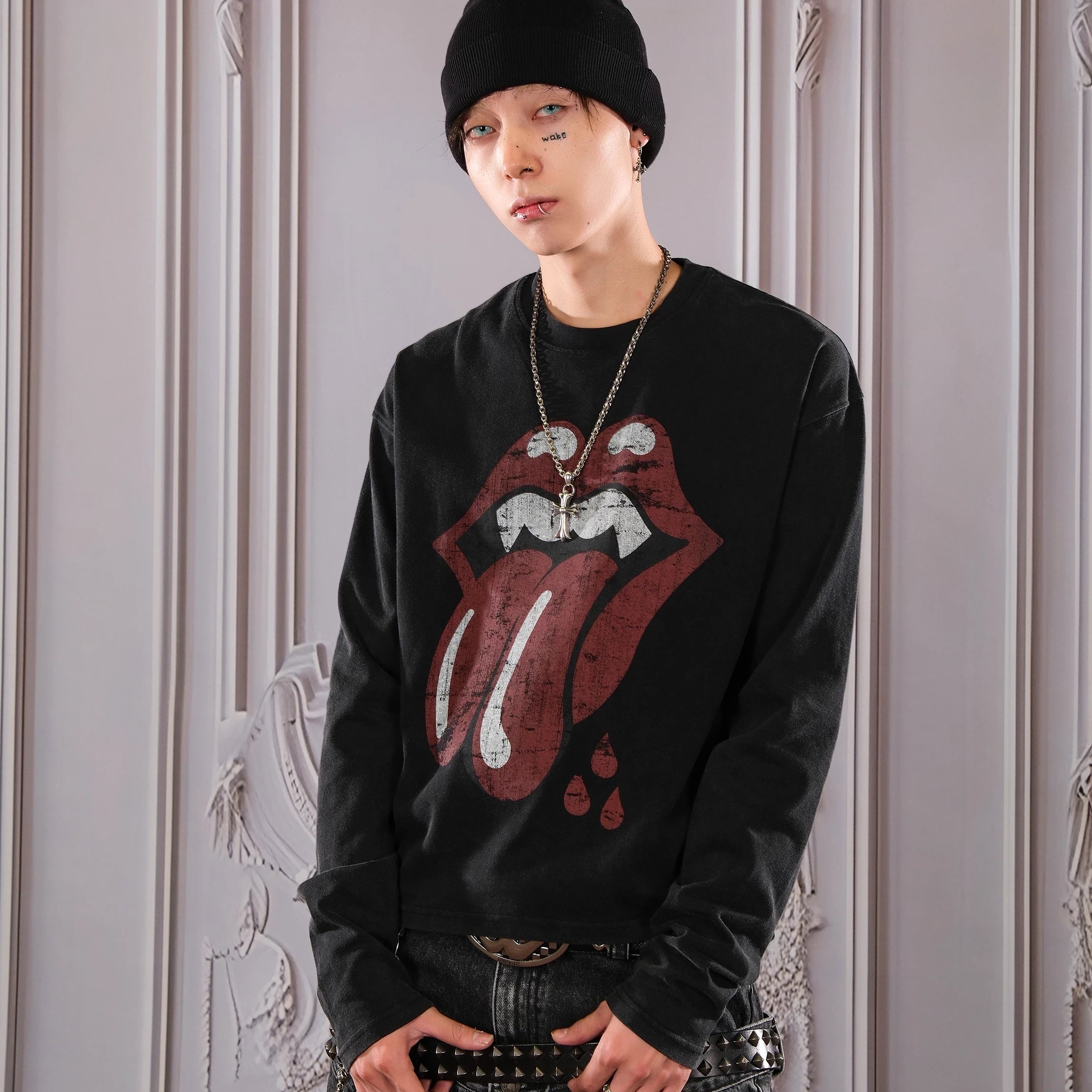 THEWET 2026AW American Street Rolling Stones Split Tongue Joke Fun Long Sleeve Short Style Vintage Printed Long Tee