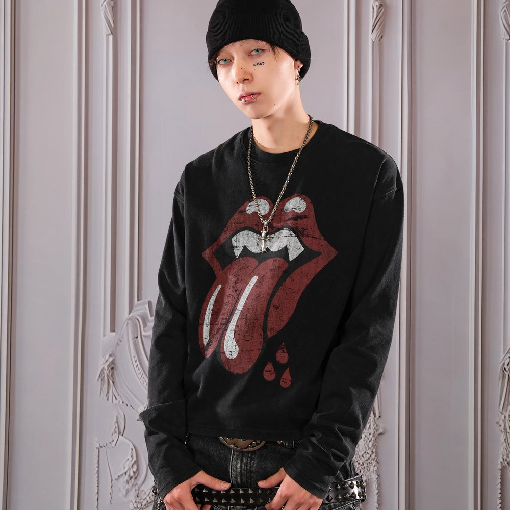 THEWET 2026AW American Street Rolling Stones Split Tongue Joke Fun Long Sleeve Short Style Vintage Printed Long Tee