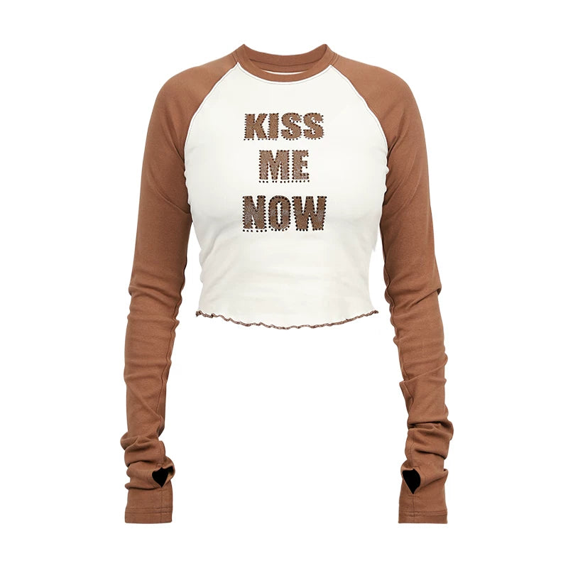 LILWET GIRL Mushroom Edge Water Diamond Printed KISS Long TEE Spicy Girl Leaky Umbilical Close fitting Long Sleeve T-shirt