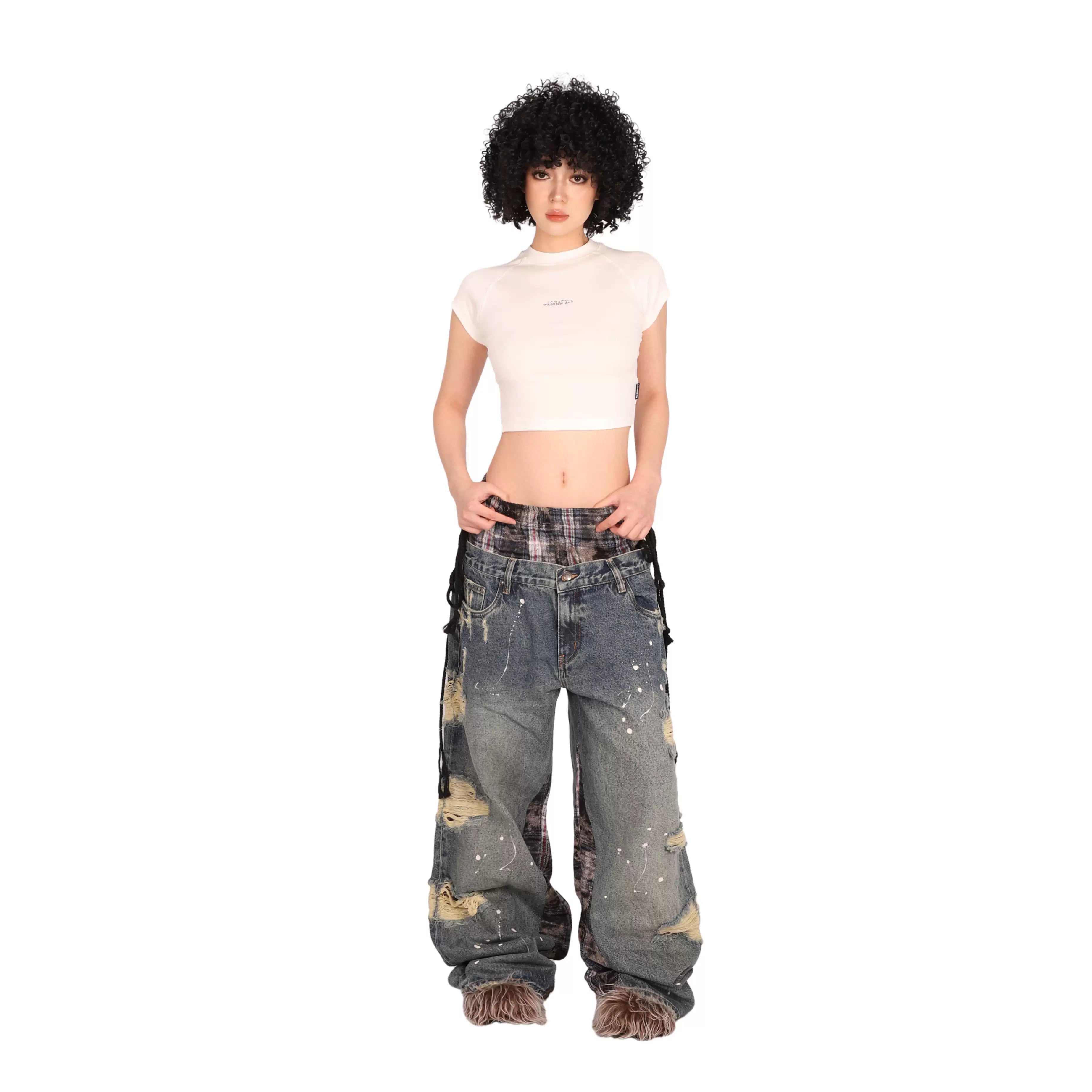 THEWET Split Tongue 14 oz Double Waist Checkered Splicing with Broken Hole, Damaged, Baggy Straight leg Jeans