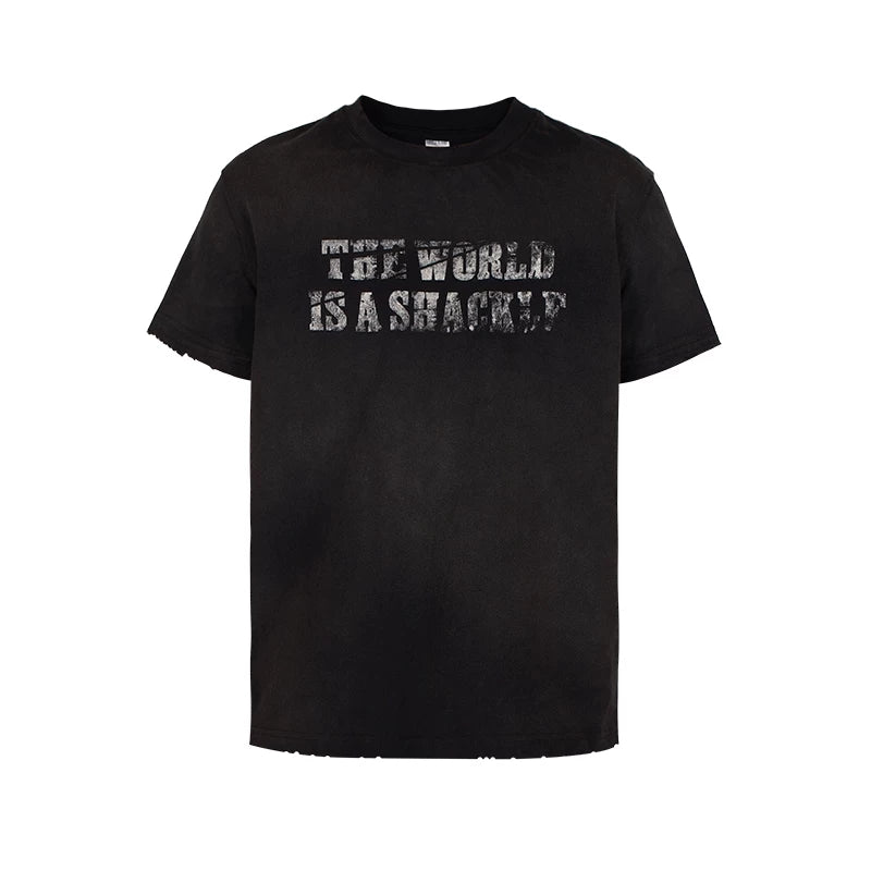 THEWET 2025SS American retro mud dyed distressed street casual cross distressed printed short sleeved tee