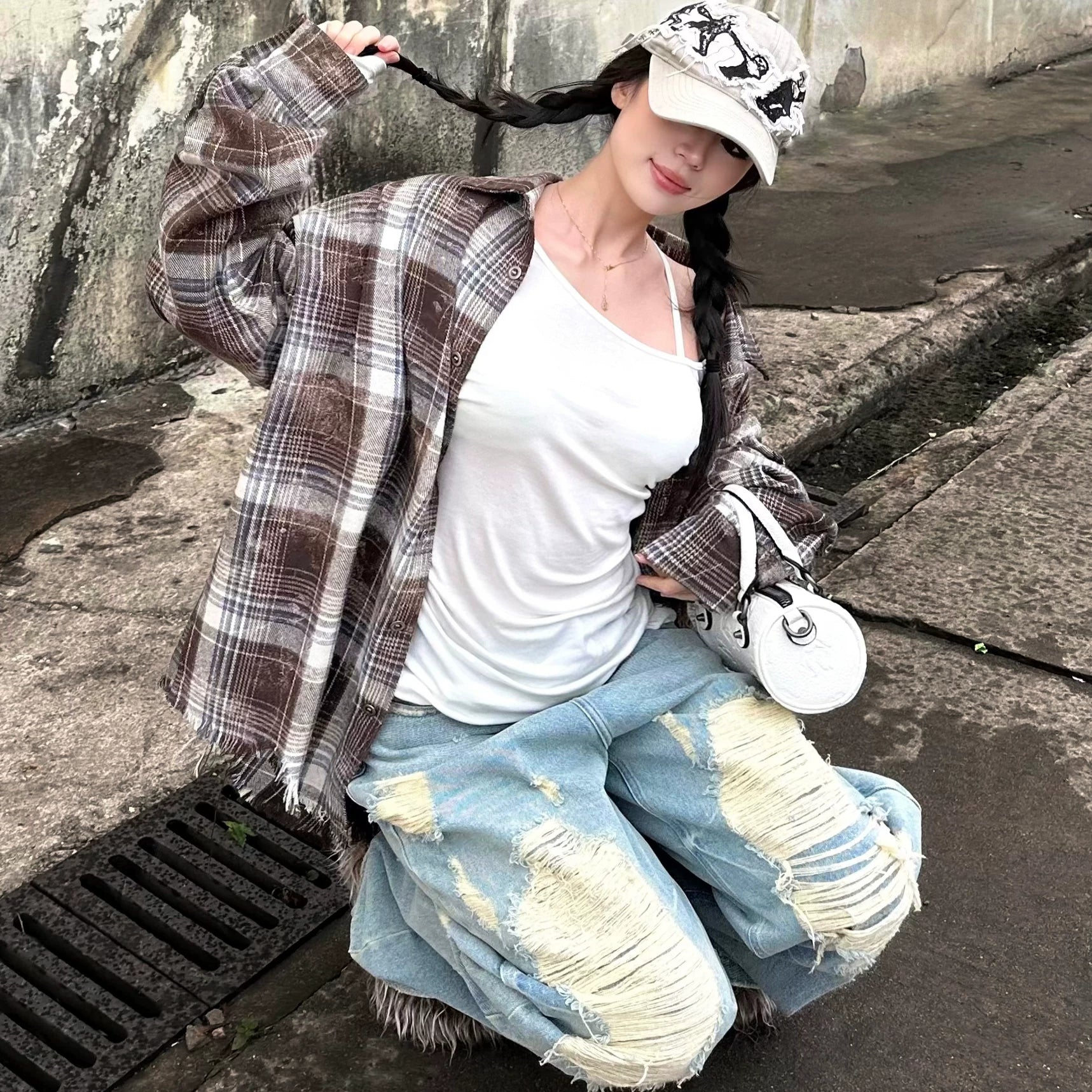 LILWET water washed distressed 13 ounce Baggy ripped floor wide leg jeans THEWET tongue splitting
