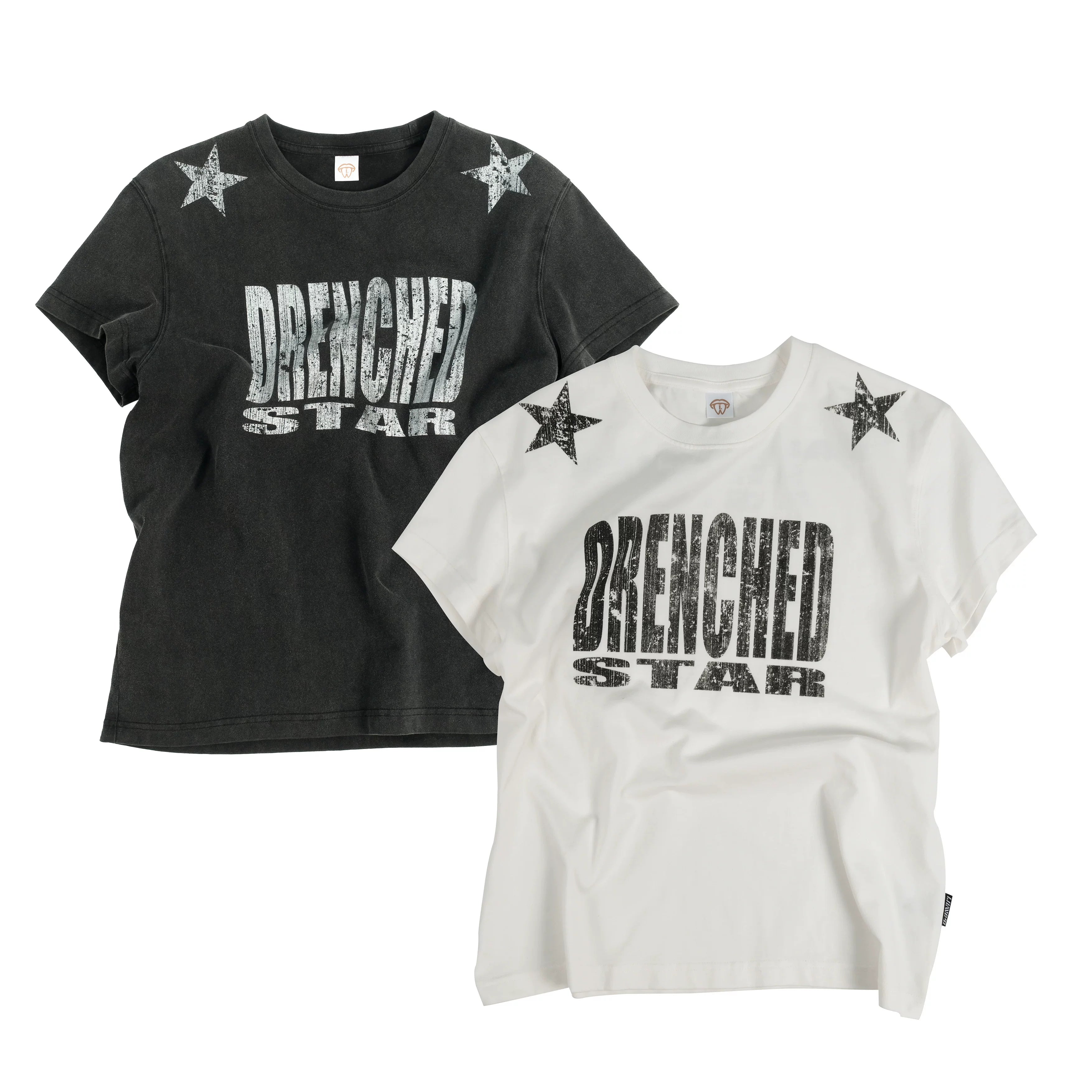 THEWET 2026SS Street Retro Vintage Double Star Letter Printed Cotton Short Sleeve Tee