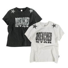 THEWET 2026SS Street Retro Vintage Double Star Letter Printed Cotton Short Sleeve Tee