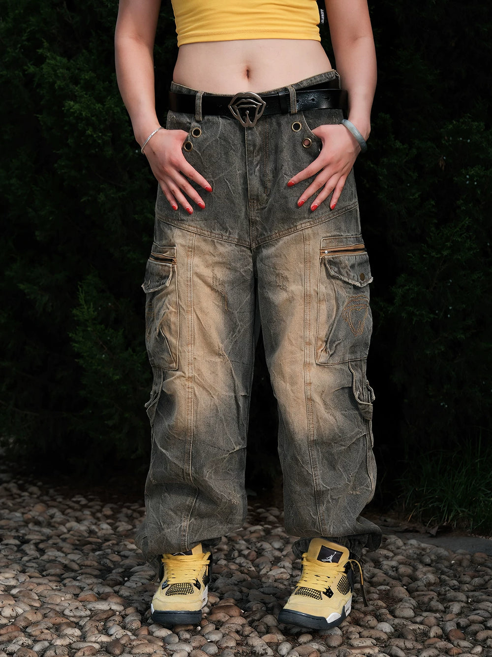THEWET American heavyweight 14oz tie flower washed distressed long pants loose casual wide leg workwear jeans