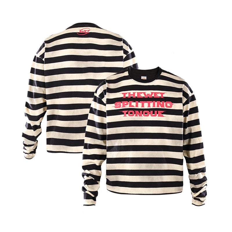 THEWET 2026 Spring American Street Black and White Stripe Short Style Loose Long Sleeve Used Spray Dirty Interval Strip Long Tee