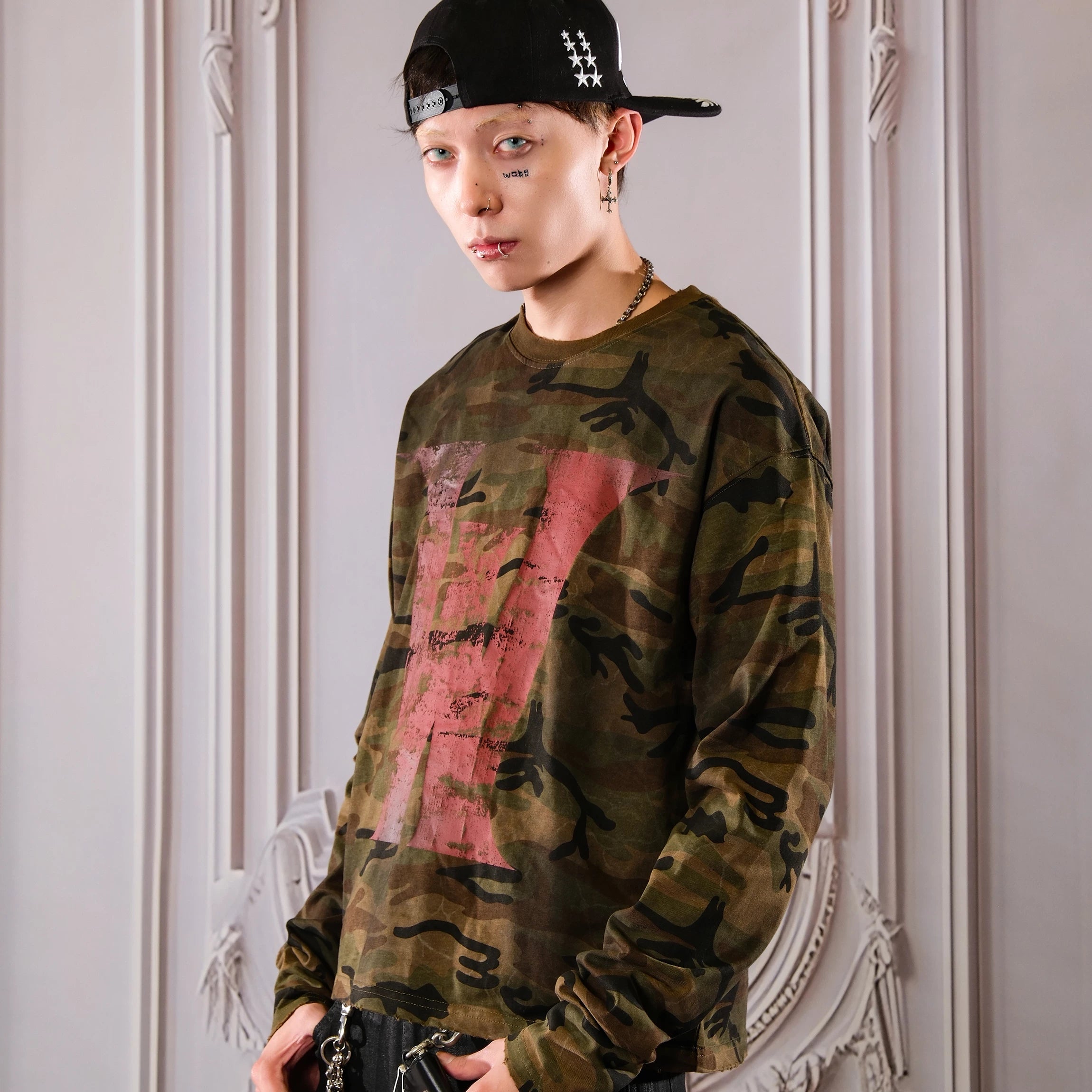 THEWET 2026 Spring American Retro Doing Old, Spray Dirty Camo Base Printing Long Sleeve Casual Short Width Long Tee