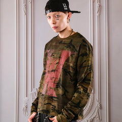 THEWET 2026 Spring American Retro Doing Old, Spray Dirty Camo Base Printing Long Sleeve Casual Short Width Long Tee