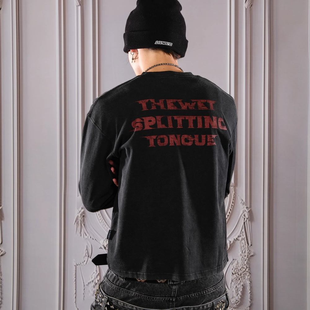 THEWET 2026AW American Street Rolling Stones Split Tongue Joke Fun Long Sleeve Short Style Vintage Printed Long Tee