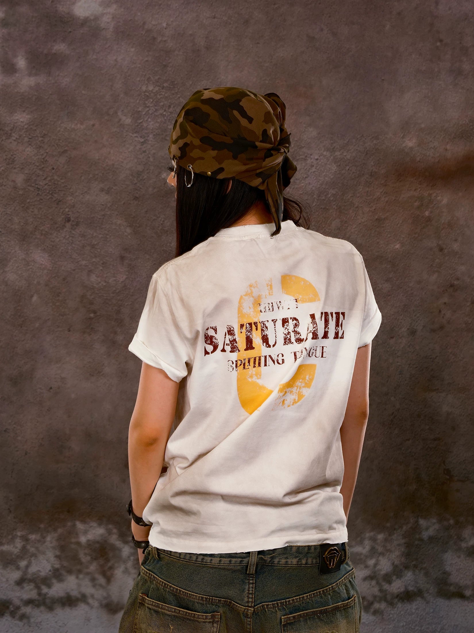THE WET2025SS American street mud dyed vintage print slogan slim fit star short sleeved tee