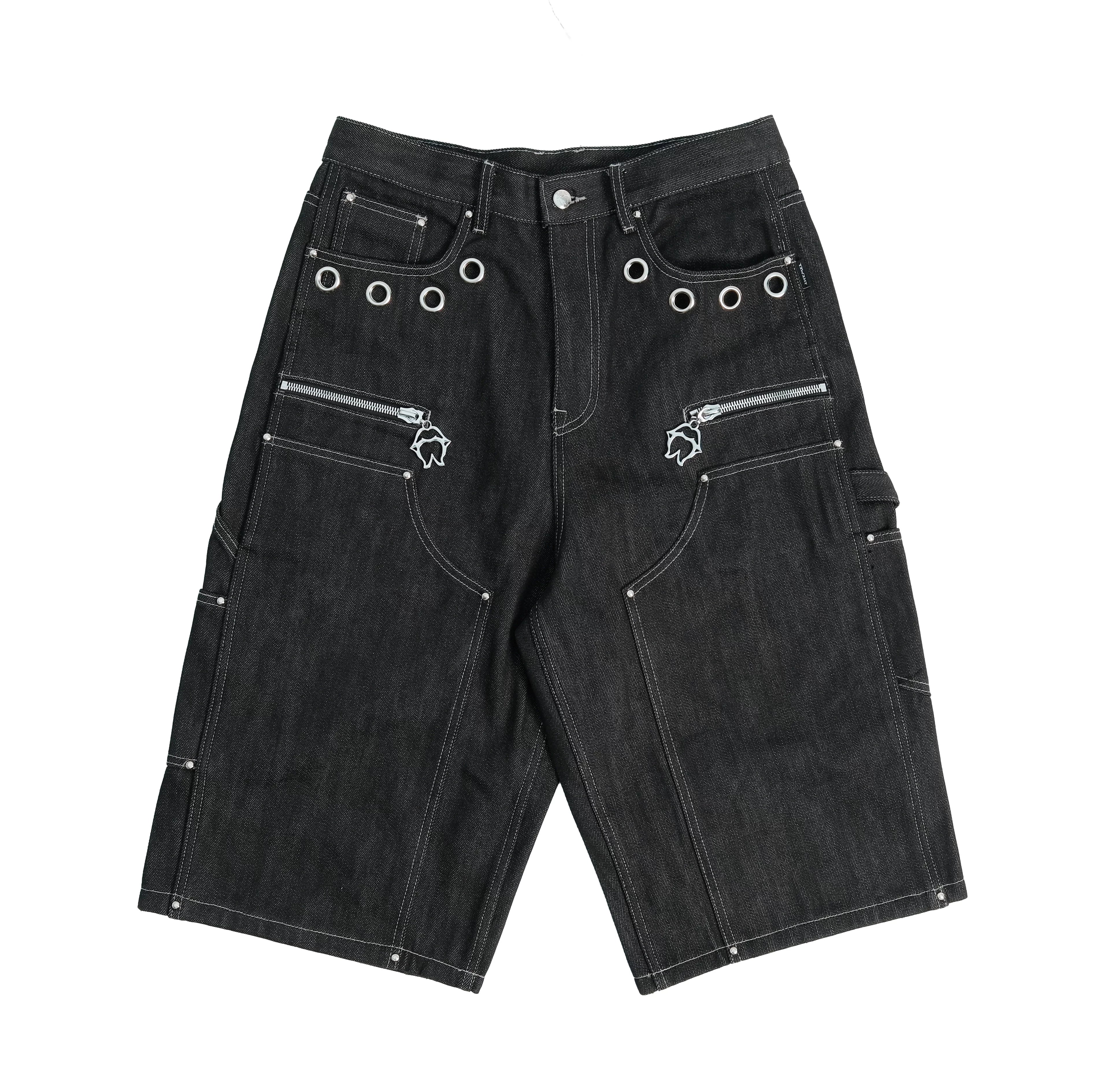 THEWET 14oz American Street Color Rivet Cowboy Seven Part Pants Men's Black Deconstructed Style Bright Thread Shorts